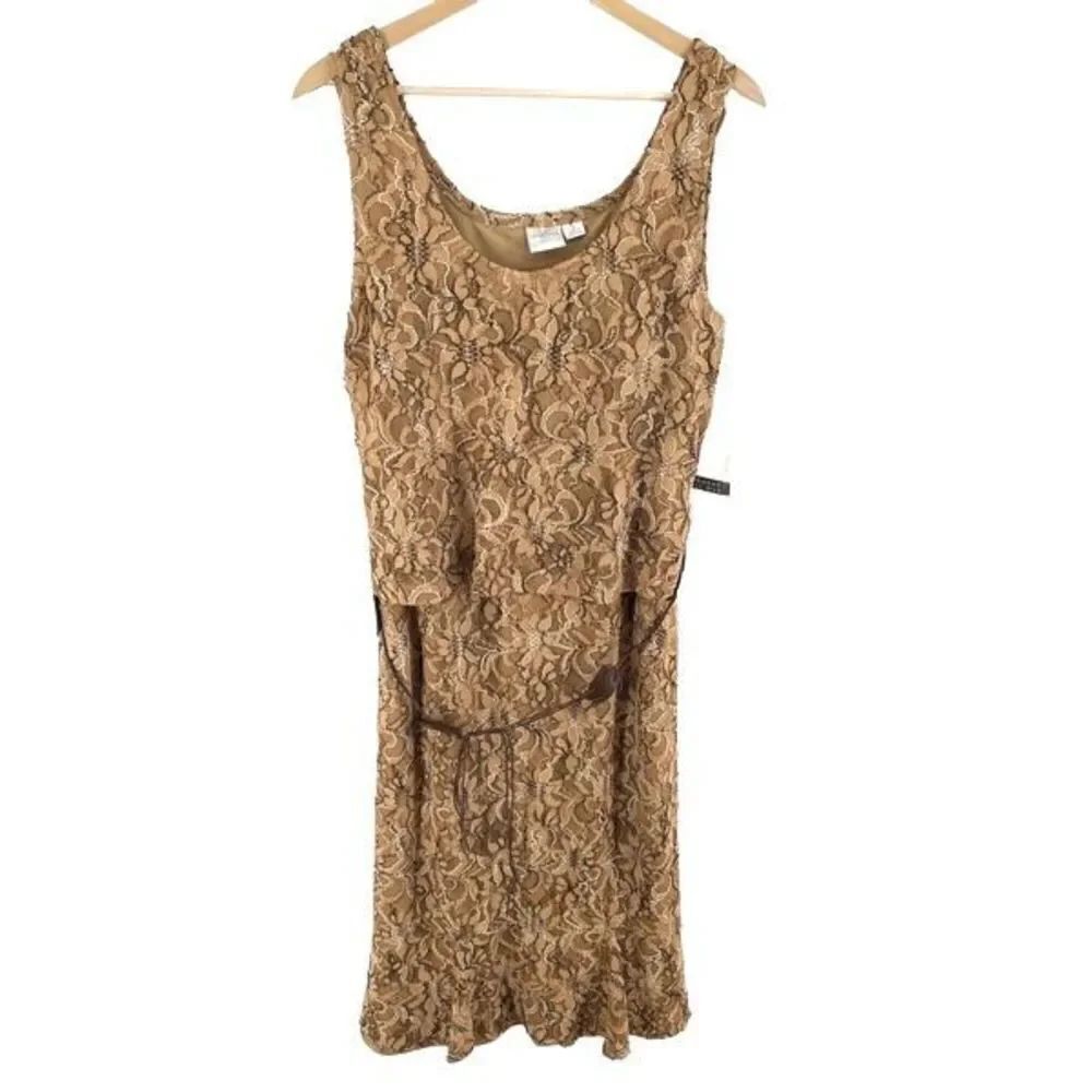 Emma James Women's Sleeveless Dress Lace Belt Floral Layered Top Tan Size 12
